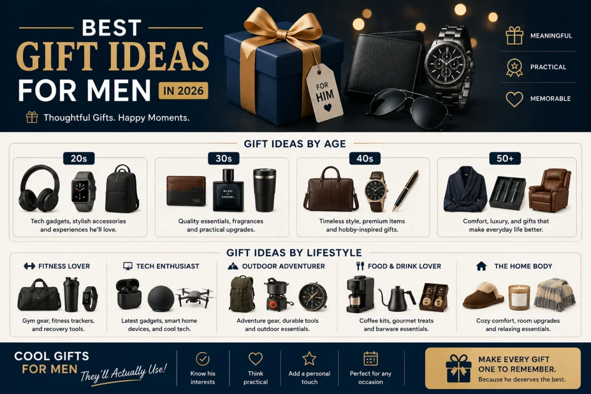 the best gift ideas for men in 2026, organized by age group and lifestyle, including practical, tech, fitness, fashion, travel, and luxury gift recommendations to help choose thoughtful gifts for every personality and occasion