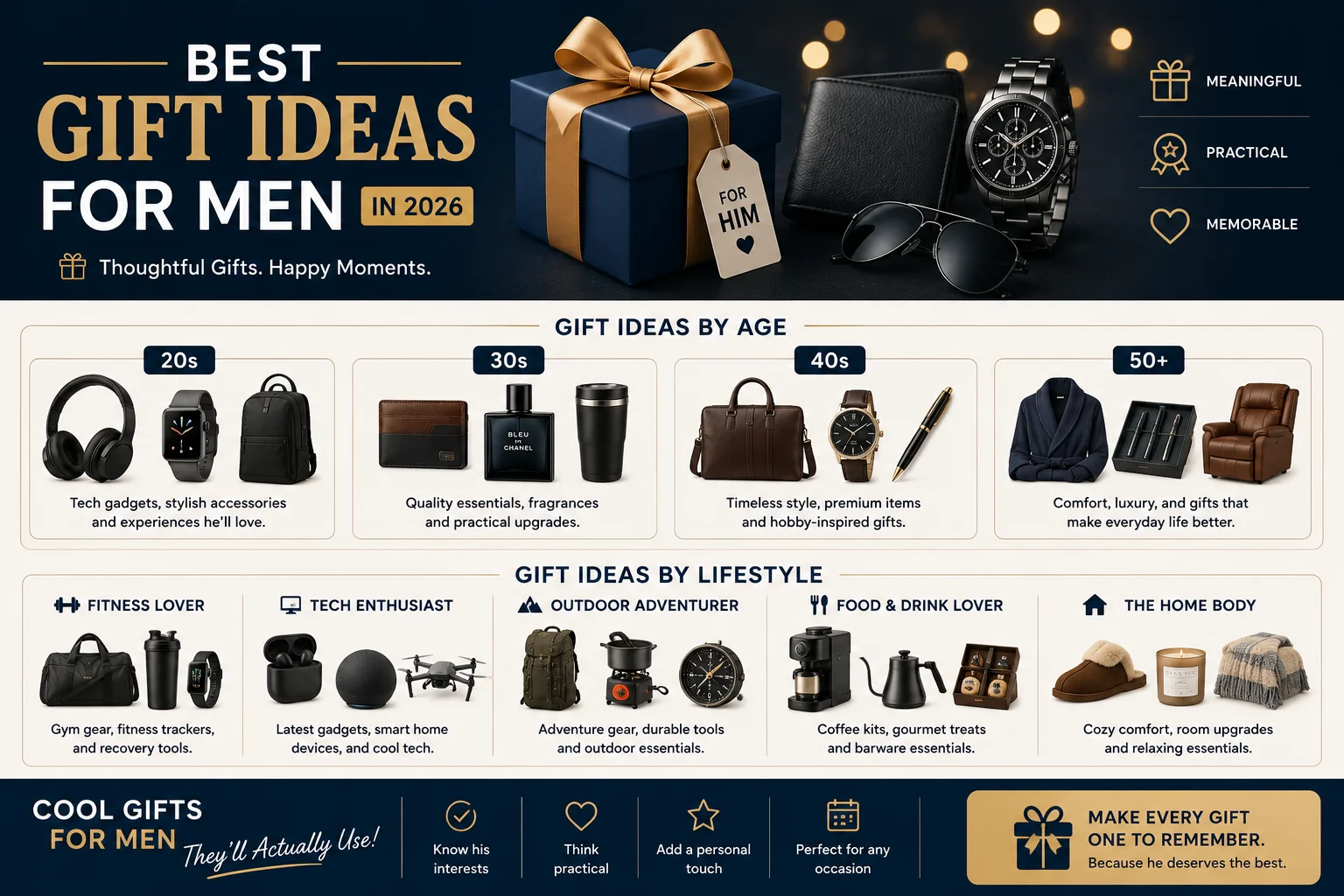 the best gift ideas for men in 2026, organized by age group and lifestyle, including practical, tech, fitness, fashion, travel, and luxury gift recommendations to help choose thoughtful gifts for every personality and occasion