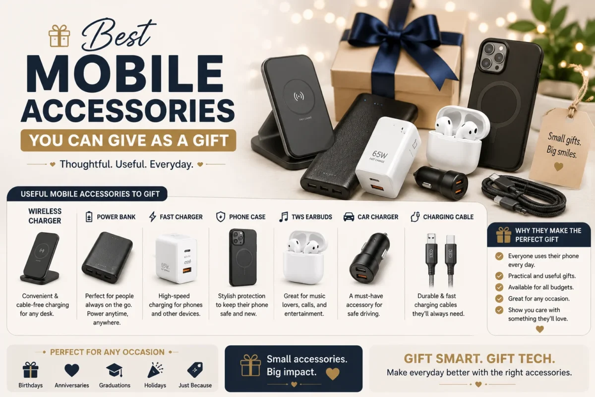 the best mobile accessories you can give as a gift, including practical phone accessories such as a wireless charger, power bank, fast charger, phone case, charging cable, earbuds, and car charger