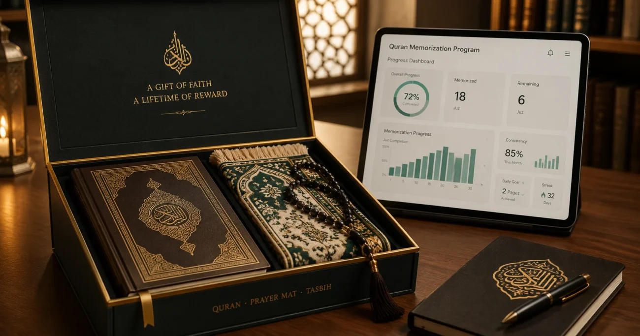 Luxury Islamic gift box featuring a premium leather-bound Quran, prayer mat, prayer beads, and a tablet displaying a Quran Memorization Program progress dashboard.