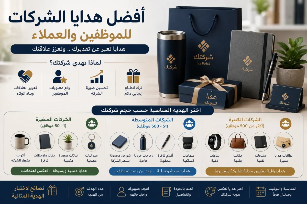 مجموعة هدايا شركات احترافية للموظفين والعملاء مع أمثلة لهدايا مناسبة حسب حجم الشركة